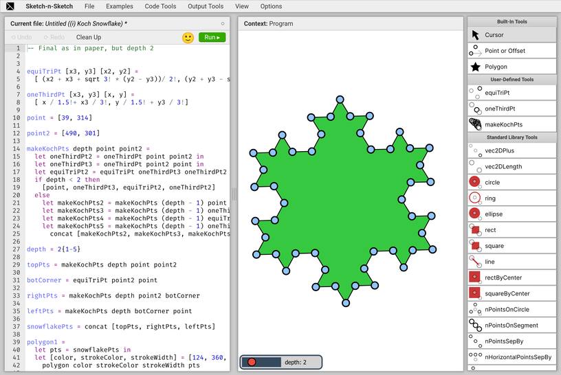 Screenshot of Sketch-n-Sketch, showing the source code on the left, and the drawing it produces on the right.